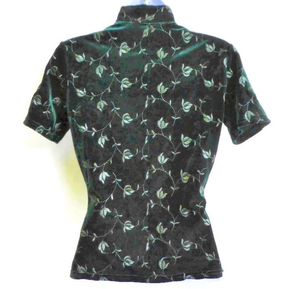 Carol Le Valley Vintage Velvet Embroidered Mock Neck Emerald Green Short Sleeve - Picture 2 of 5